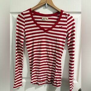 Hollister Twilightcore Y2K 90s emo Striped Red and White V-Neck Top